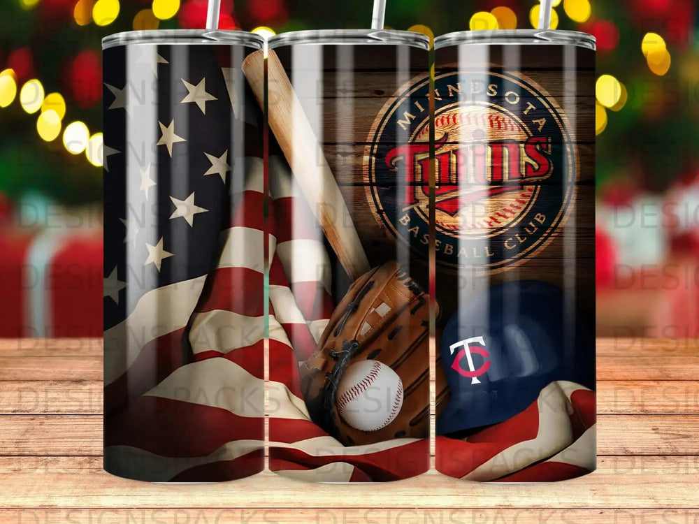 Minnesota Twins baseball helmet and glove on American flag background.