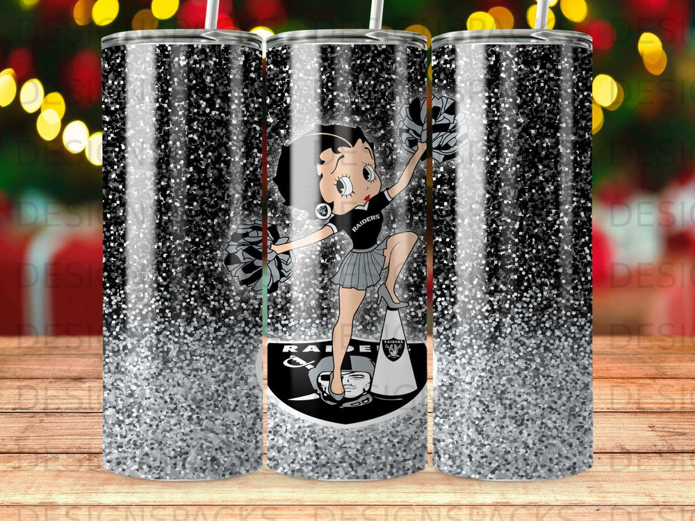 Betty Boop in Raiders cheerleader outfit with sparkly background and pom-poms.