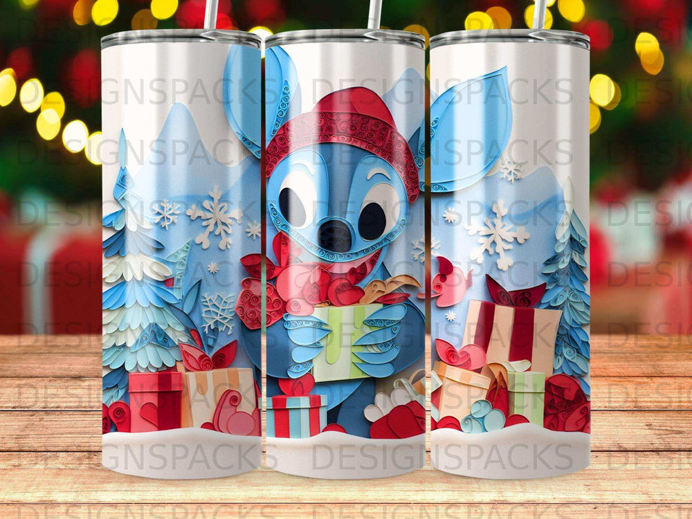 Stitch character holding a wrapped gift, surrounded by festive winter decorations and presents.