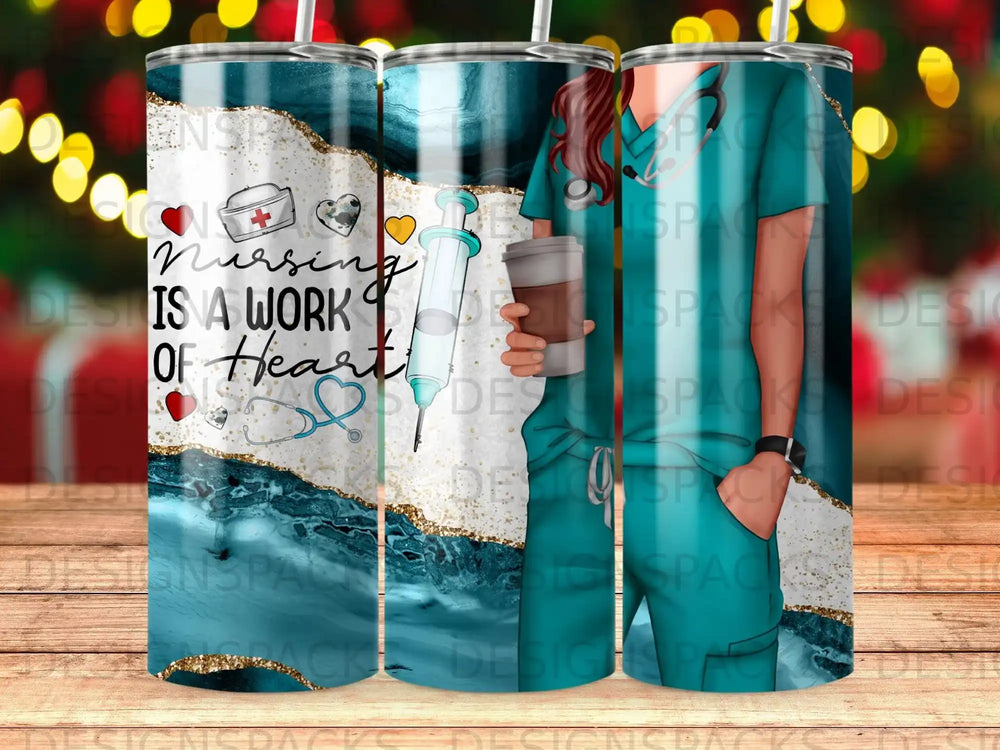 Tumbler wrap with stethoscope, syringe, and text "Nursing is a Work of Heart".