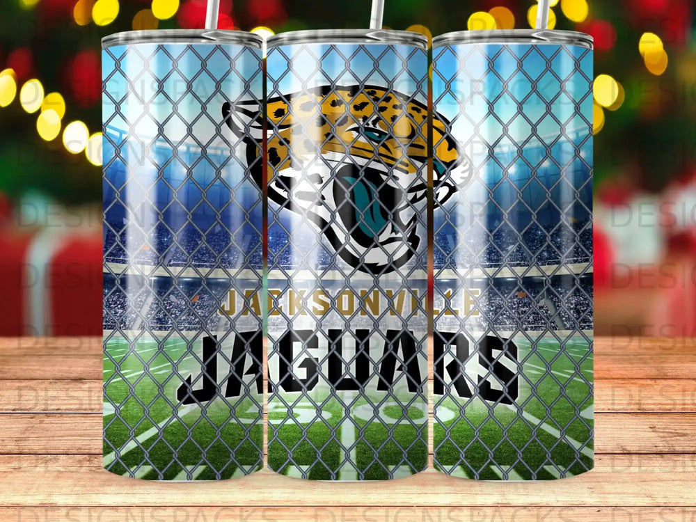 Jacksonville Jaguars logo on a tumbler with a chain-link fence and stadium background.