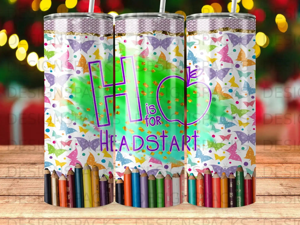 "HO" for HEADSTART design with colorful butterflies and pencils.