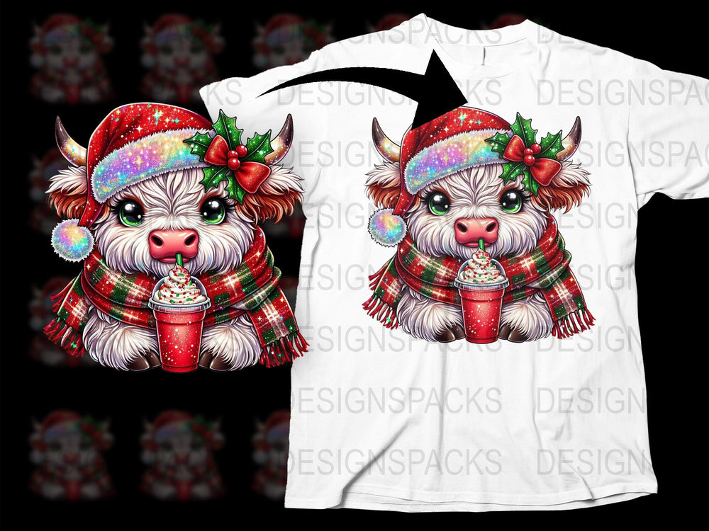 Cute Highland Cow Christmas T-Shirt, Festive Animal with Santa Hat, Holiday Apparel, Kids and Adult Sizes Available