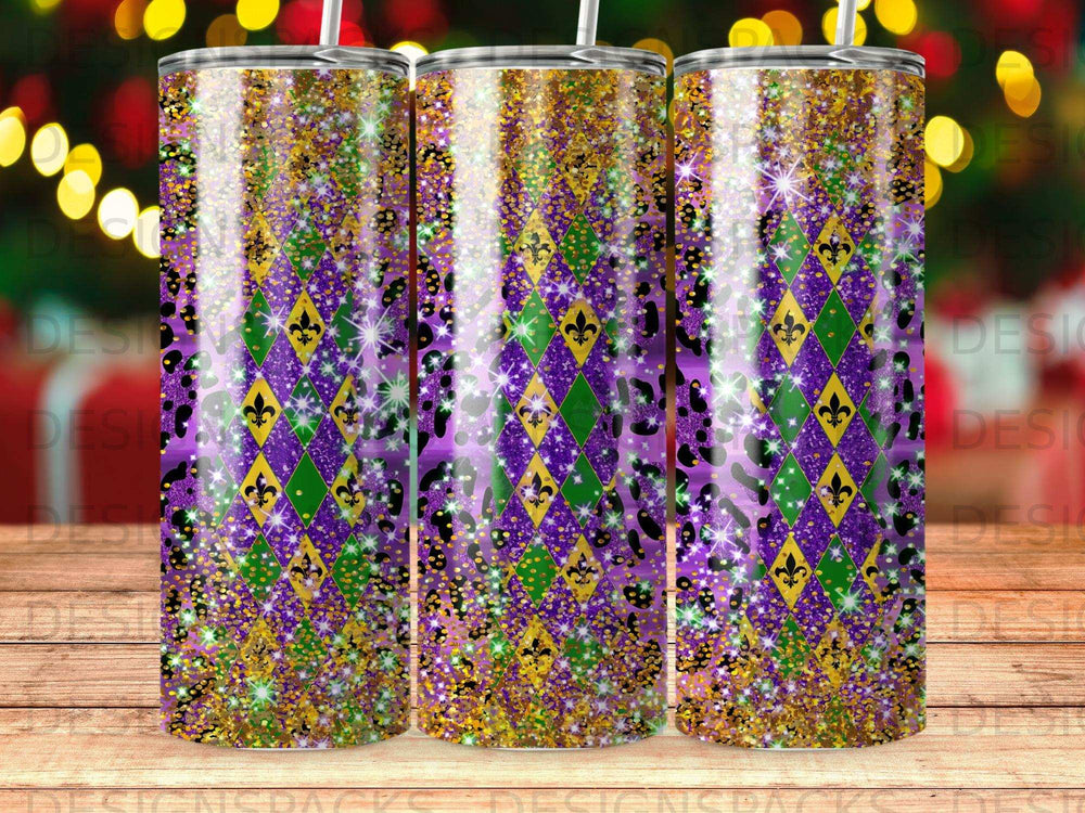 Purple, green, and gold Mardi Gras tumbler with glitter and leopard print.