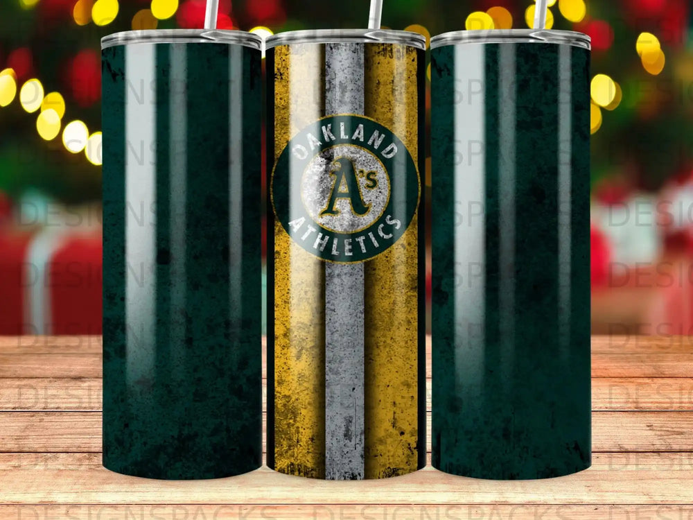 Oakland Athletics logo on a green and gold striped tumbler.