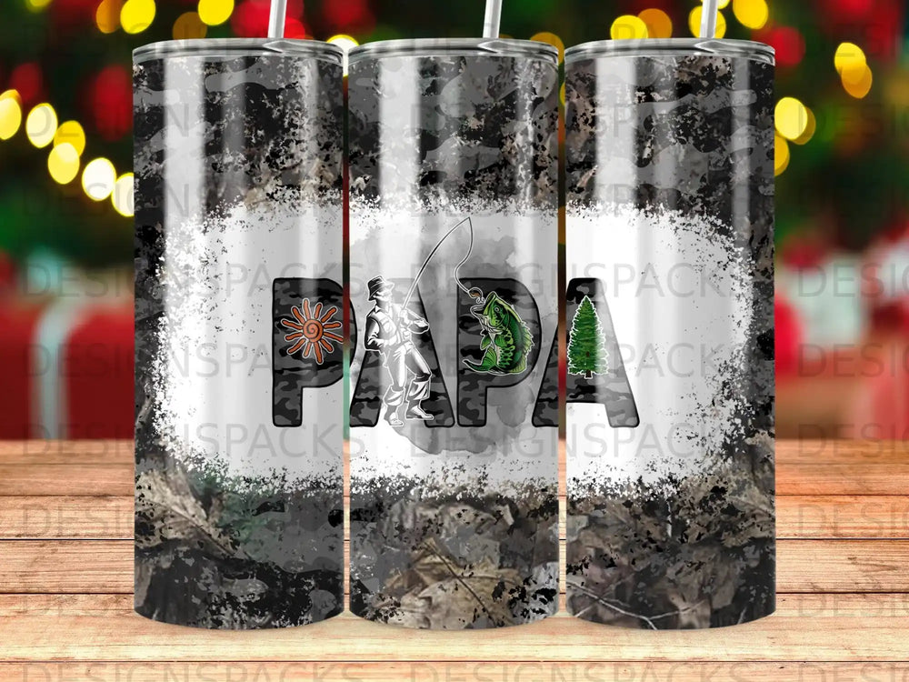 Camouflaged tumbler with a bass fishing graphic and the word "Dad".