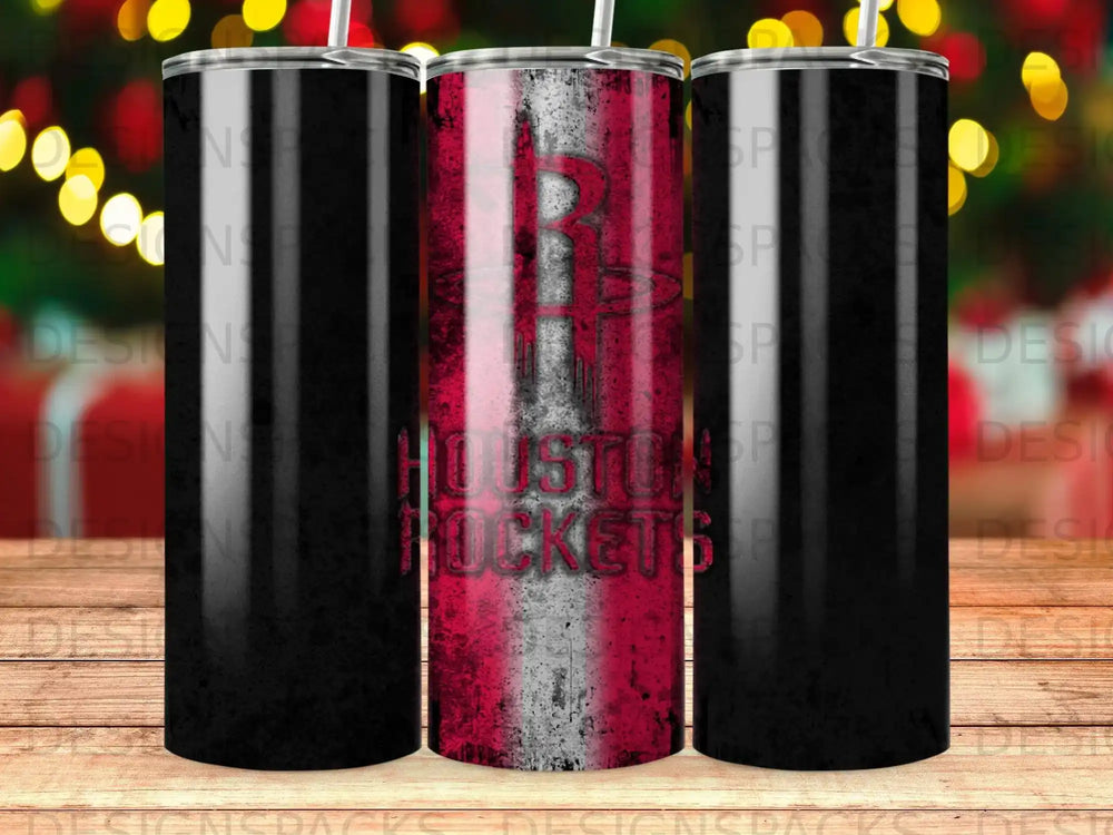 Houston Rockets tumbler with distressed red and white stripe design.