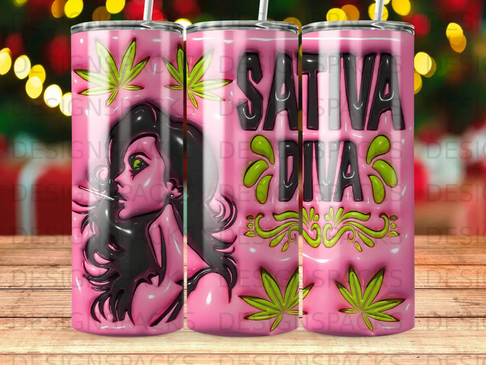 Pink tumbler with "Sativa Divas" text and a woman's profile with leaves.