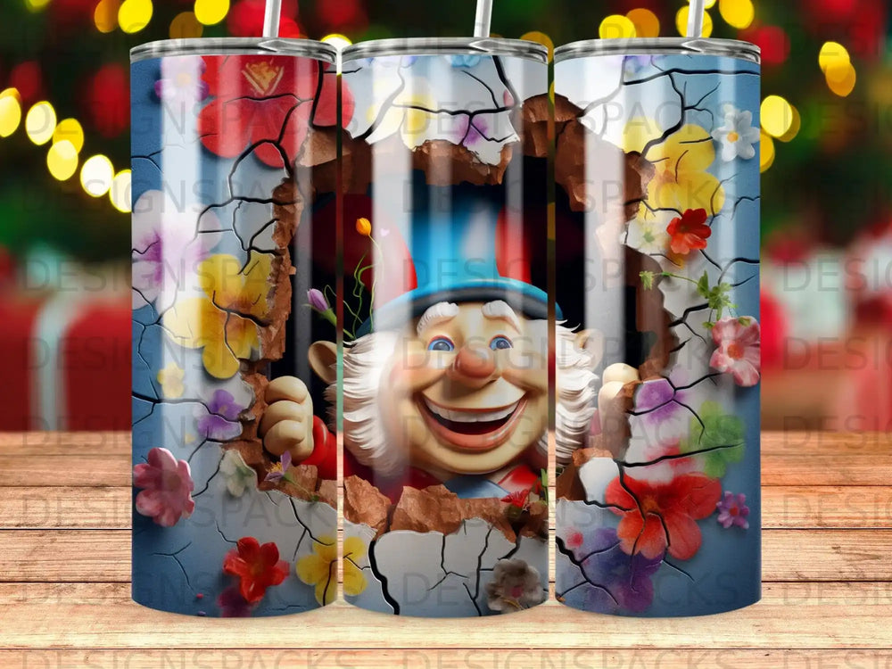 Cartoon leprechaun peeking through a cracked wall with colorful flowers.