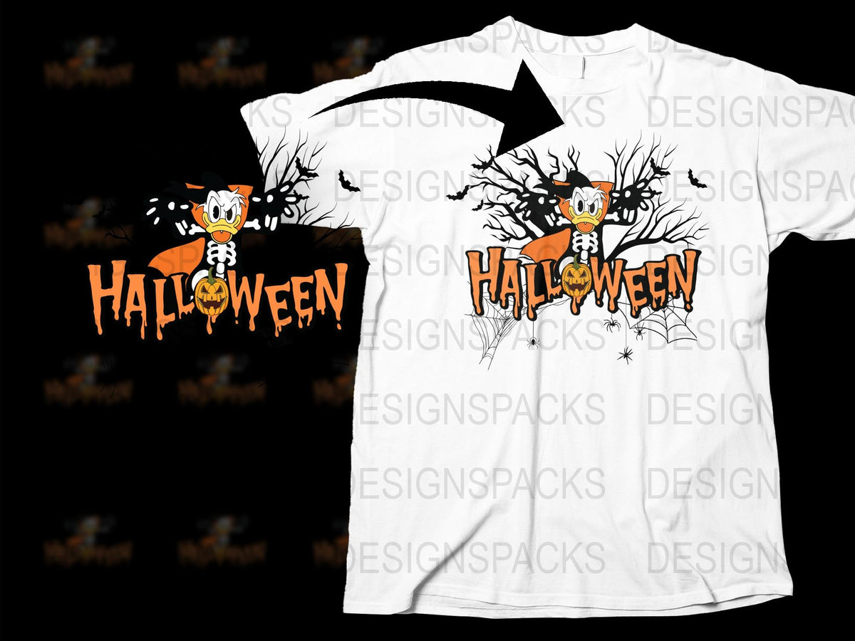 Halloween Themed T-Shirt, Spooky Cat and Tree Design, Orange and Black, Unisex Adult Clothing