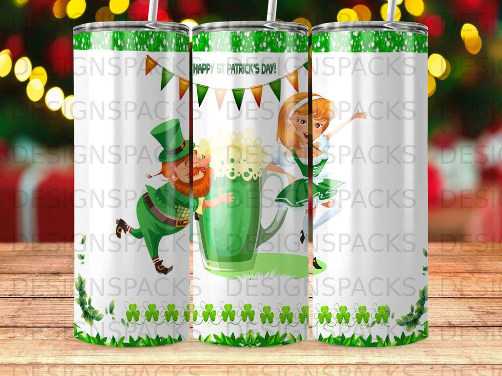 St. Patrick's Day tumbler with leprechaun, shamrocks, and "Happy St. Patrick's Day!" text.