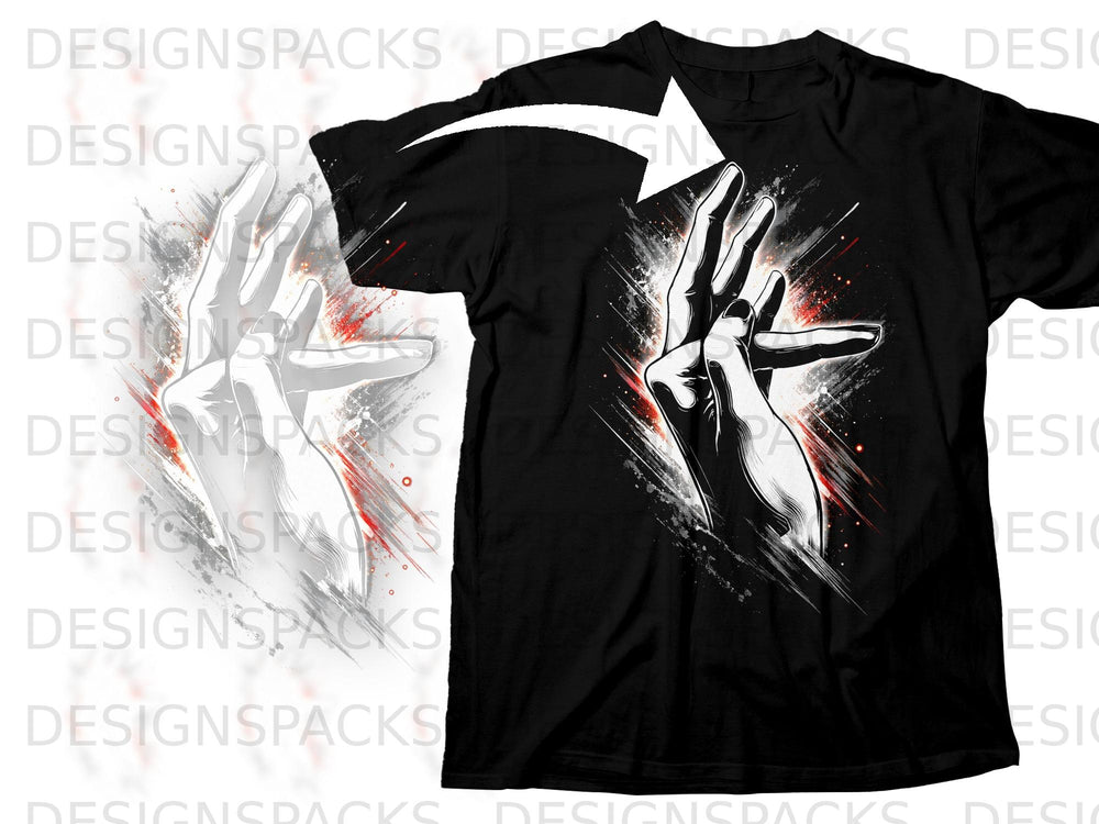 Black t-shirt with abstract hand graphic featuring white, red, and black accents.