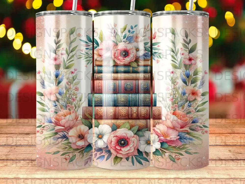 Stack of vintage books with floral accents and glitter trim.