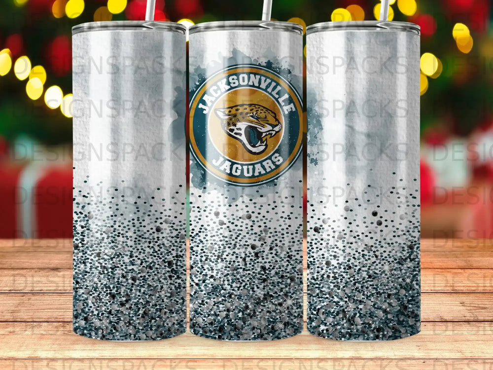 Jacksonville Jaguars tumbler with glittery bottom and city skyline background.
