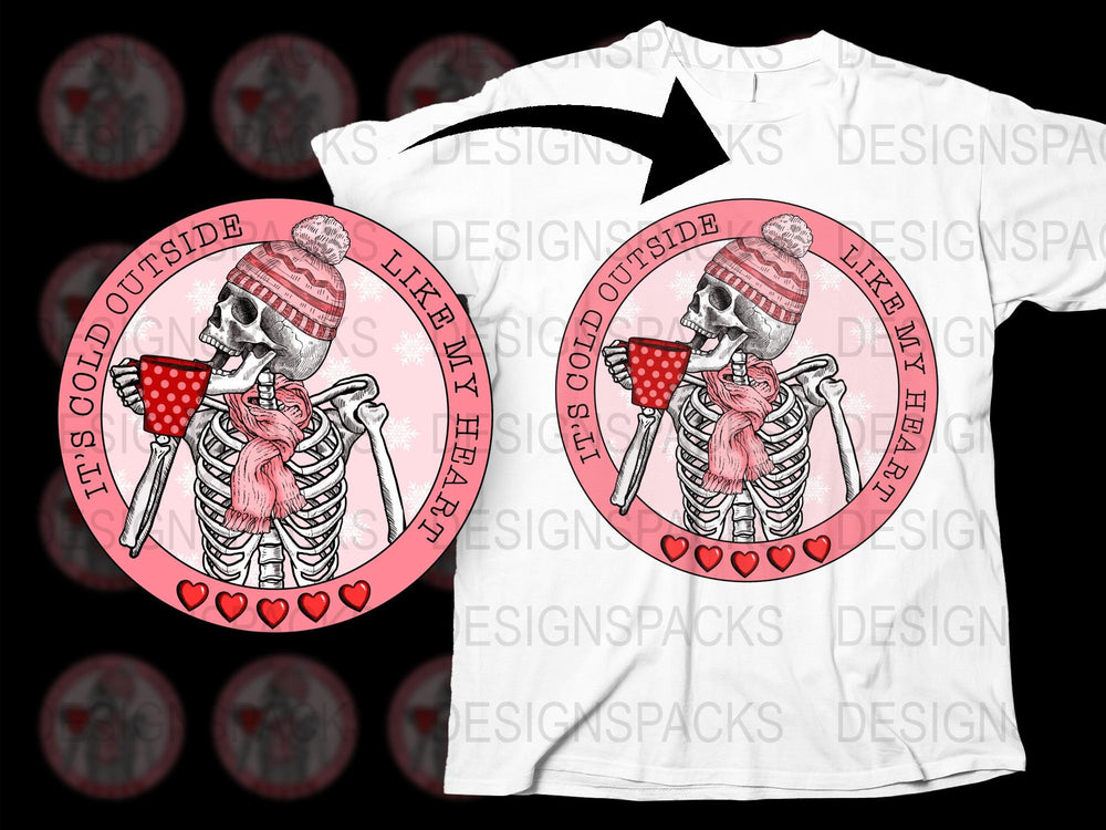 Gothic Skeleton T-Shirt, 'Cold Outside Like My Heart' Quote, Striped Beanie Design, Unisex Graphic Tee