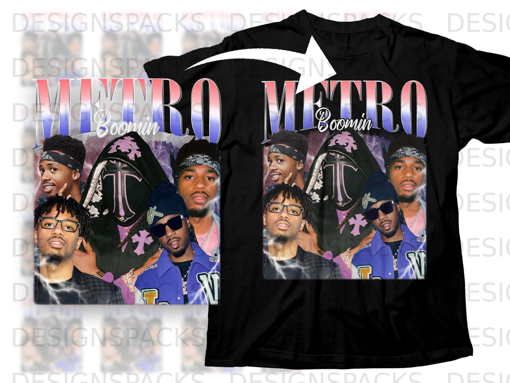 "Metro Boomin" text graphic on a black t-shirt featuring multiple portraits of men.