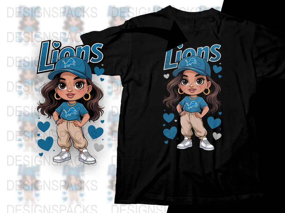 Cute Cartoon Girl in Blue Lions T-Shirt and Cap, Heart Graphics, Youth Fashion Tee, Trendy Kids' Wear