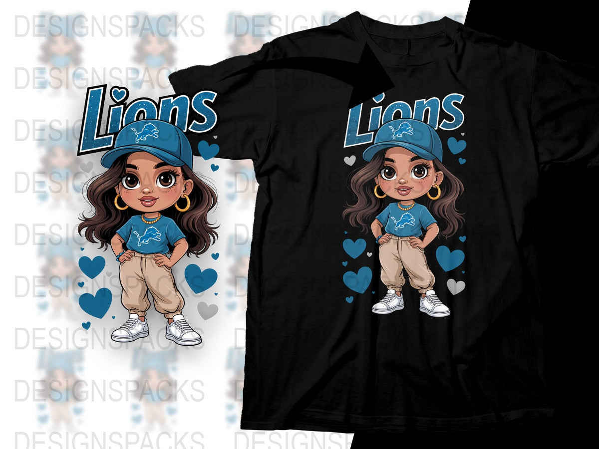 Cute Cartoon Girl in Blue Lions T-Shirt and Cap, Heart Graphics, Youth Fashion Tee, Trendy Kids' Wear