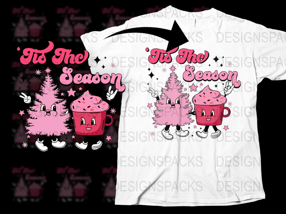 Festive Holiday T-Shirt 'Tis The Season' Pink Monsters and Hot Cocoa Design, Christmas Casual Wear