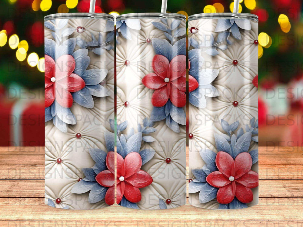 Tapered tumbler with repeating pattern of quilted cream texture and red and blue flowers.