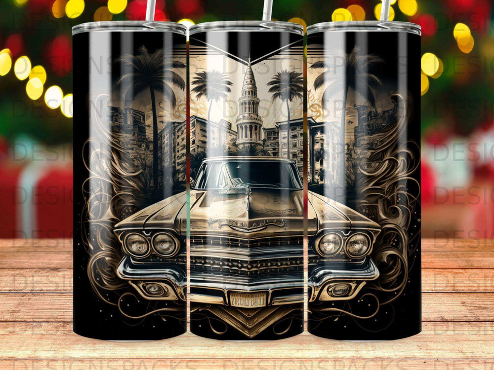 Vintage gold car with palm trees and cityscape design on a tumbler.