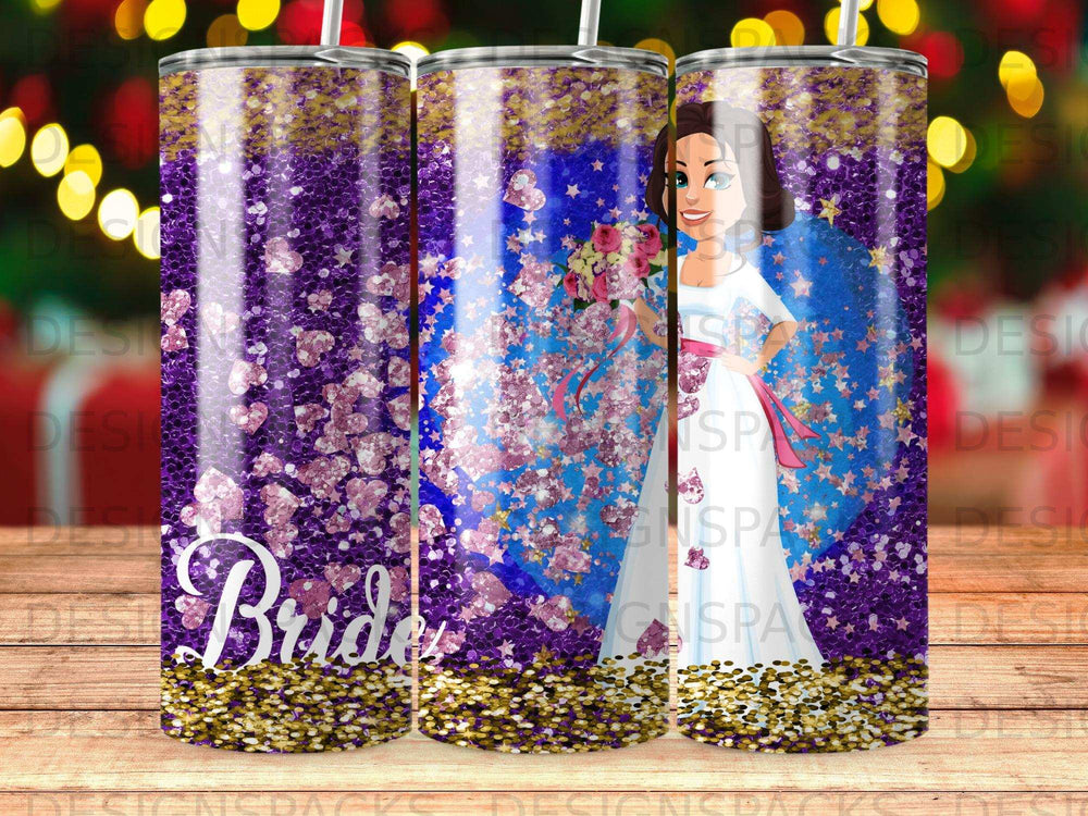 Glittery tumbler with bride graphic, hearts, and wedding bouquet.