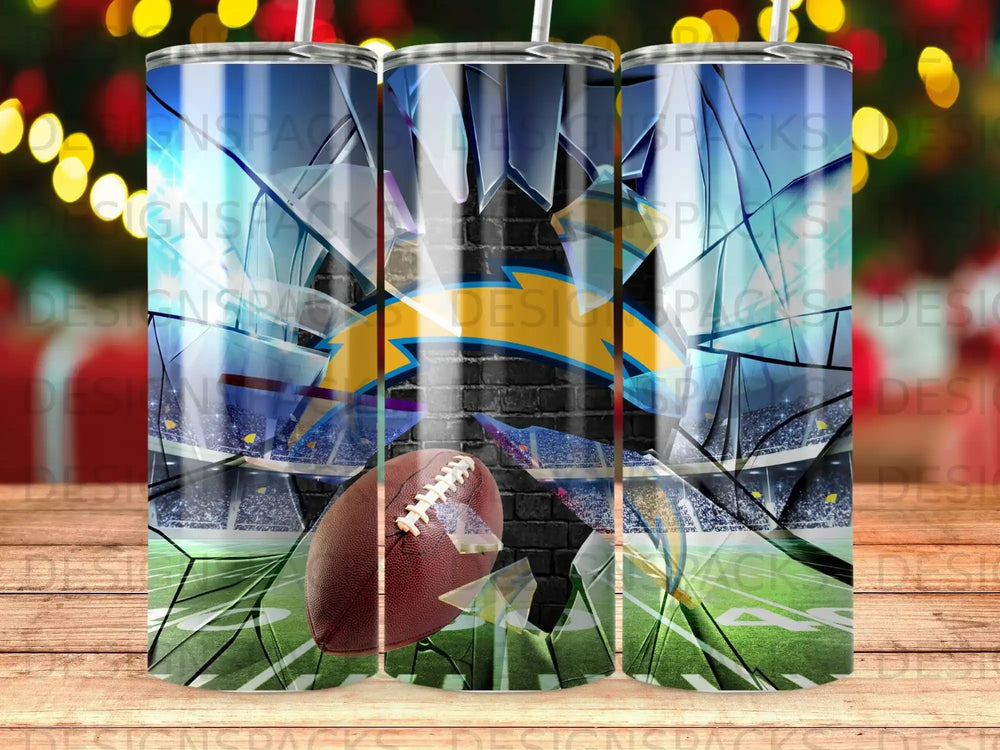 Football stadium with shattered glass and football in foreground.