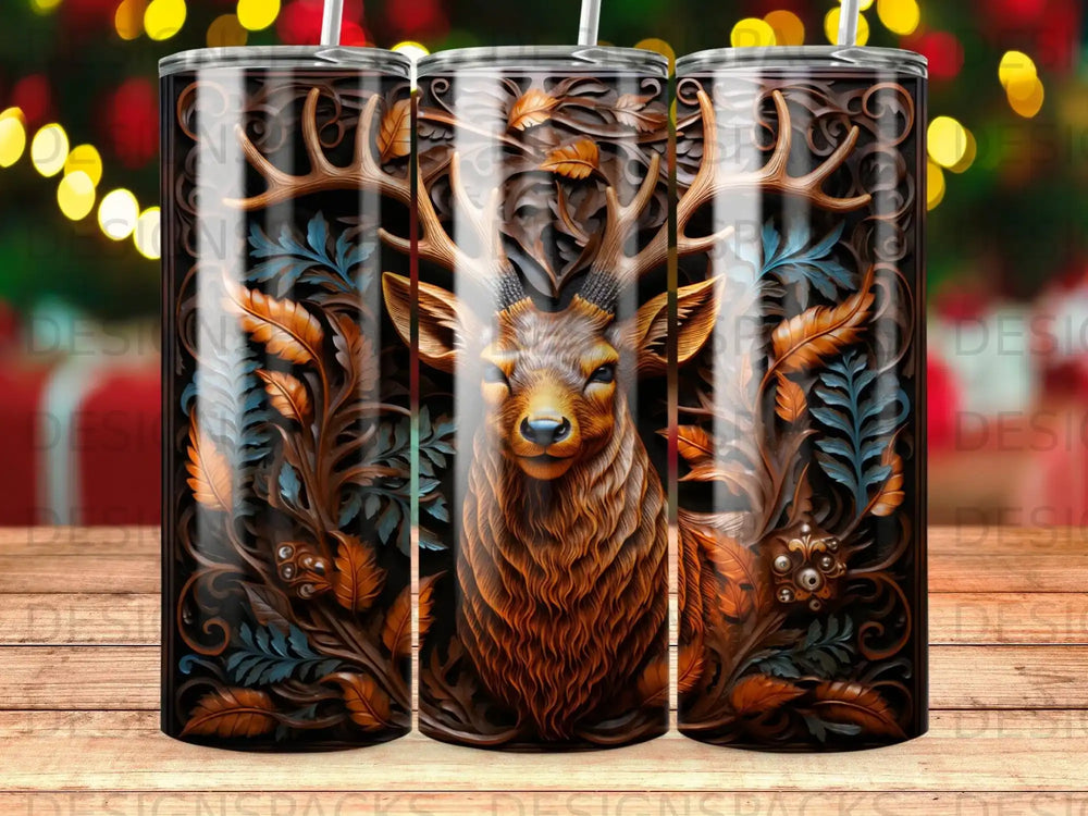 Deer head with ornate antlers and foliage on a textured tumbler.