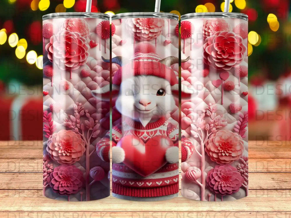 Goat in festive sweater holding heart, surrounded by pink floral decorations.