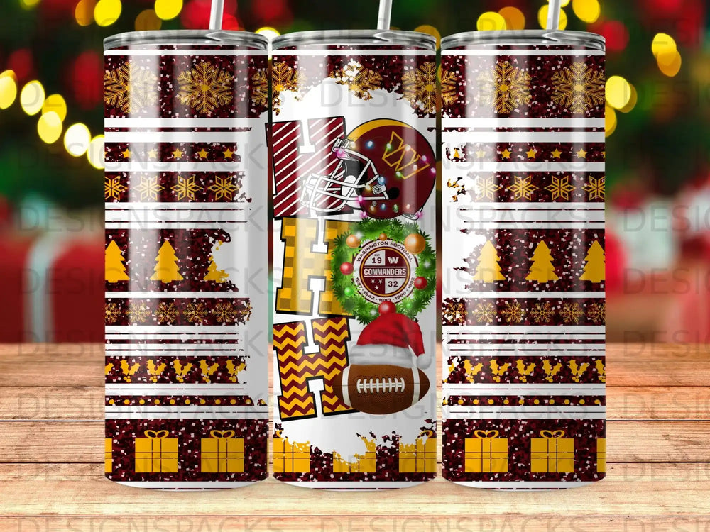 Washington Commanders tumbler with holiday-themed graphics and football logo.