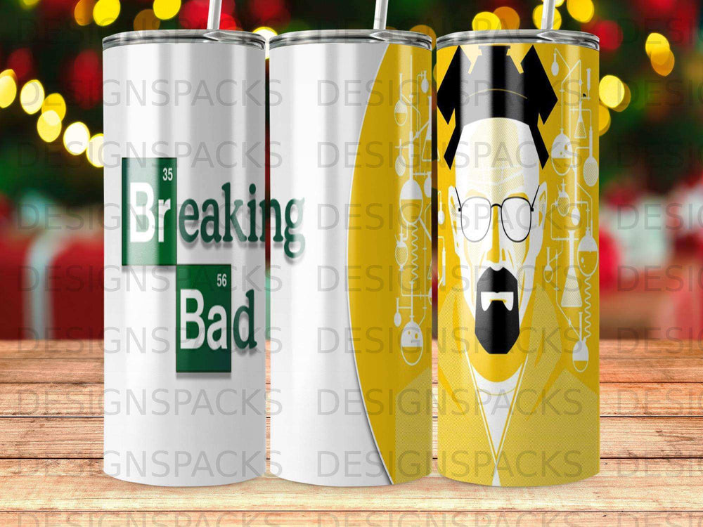 Breaking Bad tumbler with Heisenberg and the show's logo.