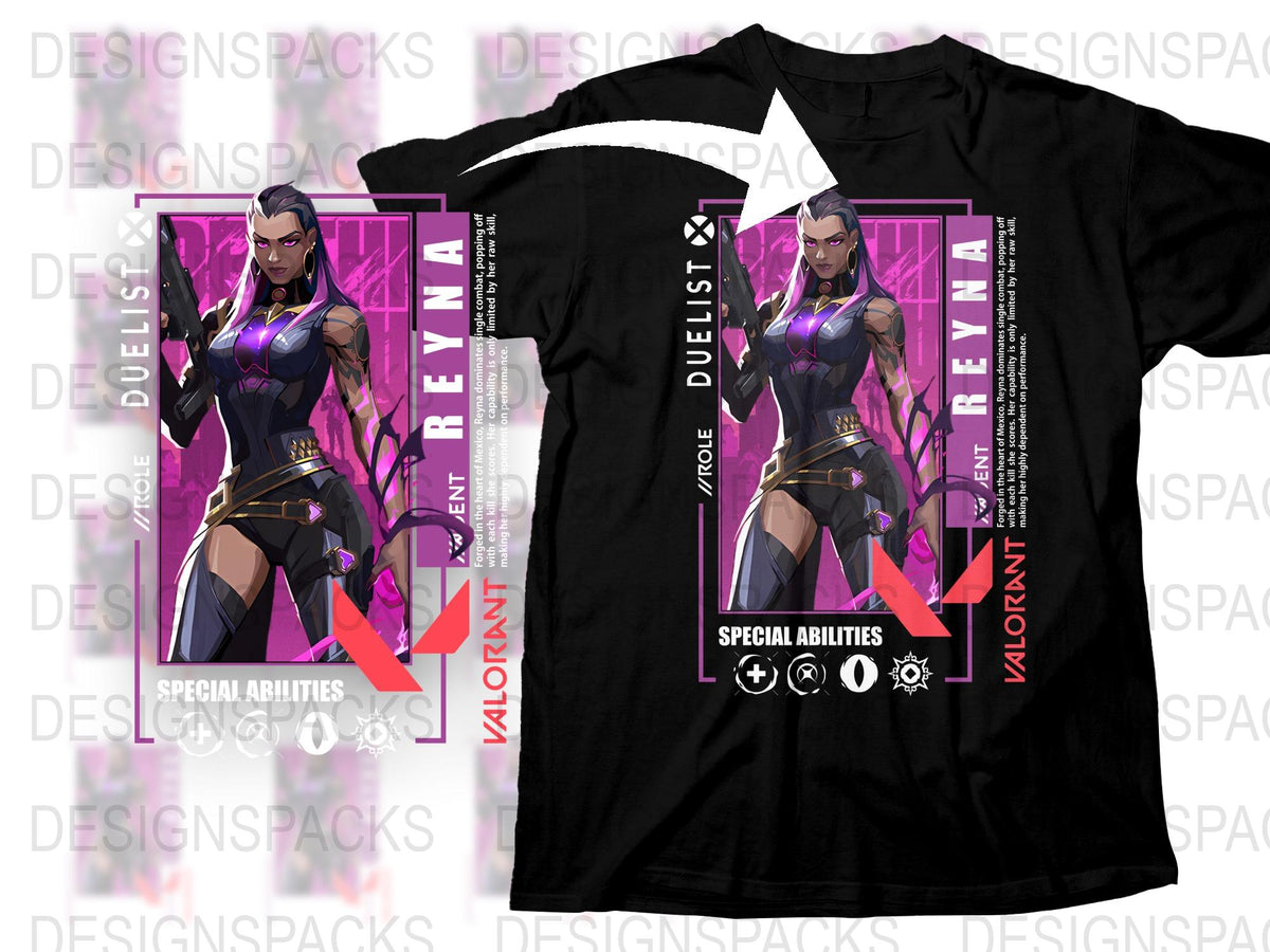 Valorant Reyna T-Shirt, Gaming Apparel, Special Abilities Graphic Tee, Purple and Black Design