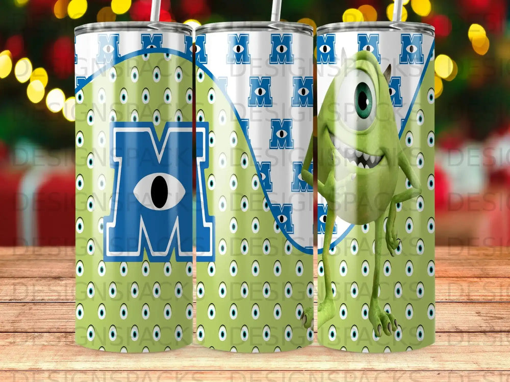 Sulley from Monsters, Inc. on a green tumbler with a repeating M pattern.
