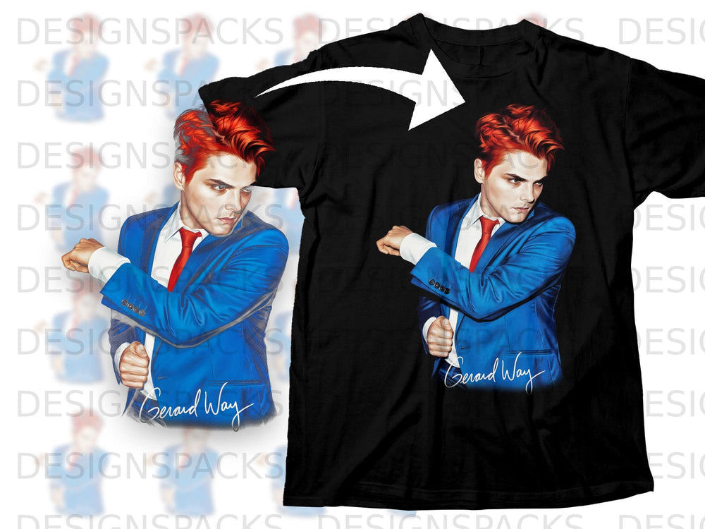 Black t-shirt with graphic of Gerard Way in a blue suit and red tie.