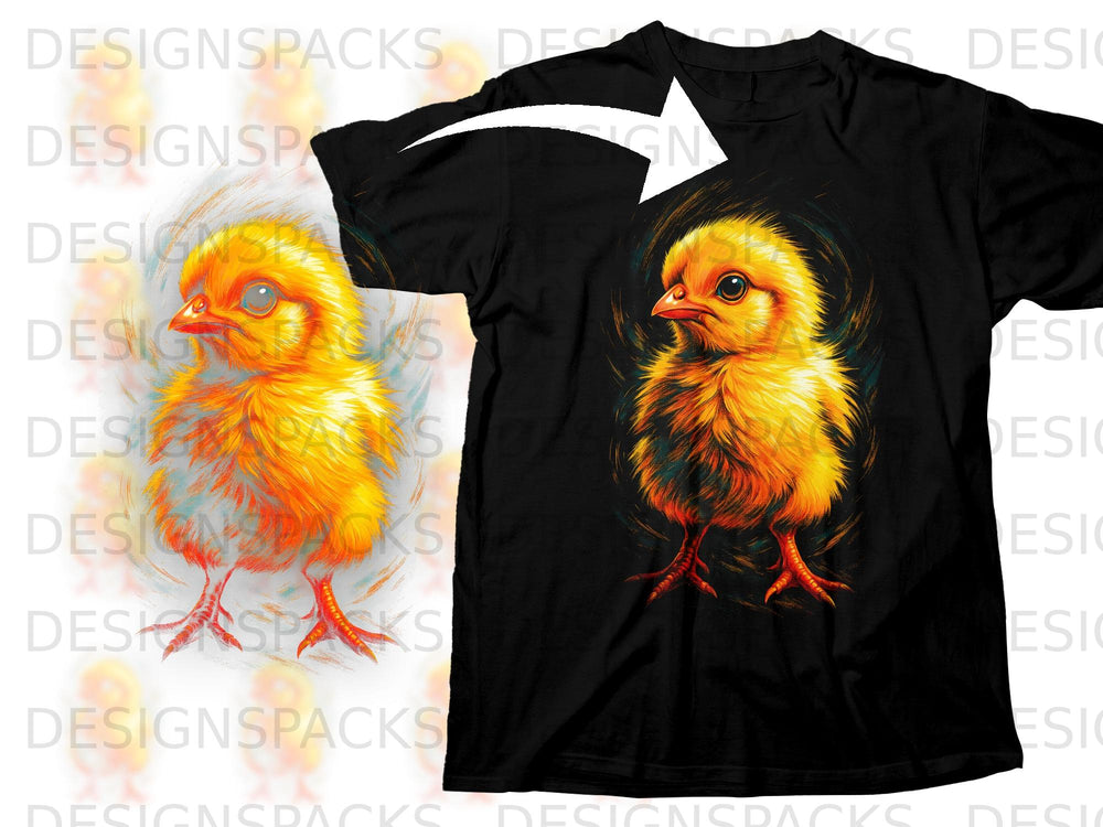 Black t-shirt with a detailed graphic of a vibrant yellow chick in the center.