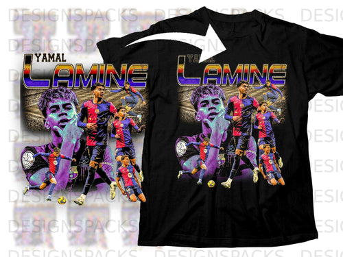 Black t-shirt with a graphic of soccer player Lamine Yamal.