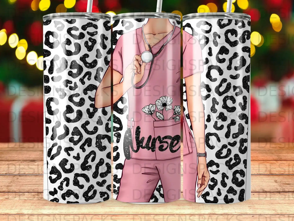 Pink scrub suit with stethoscope and leopard print tumbler design.