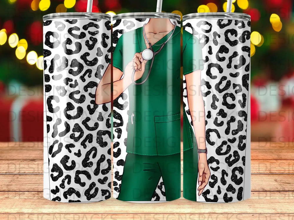 Green scrubs with stethoscope, leopard print tumbler design.