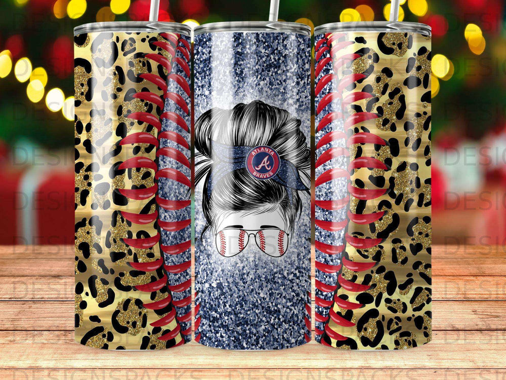 Leopard print tumbler with baseball and Atlanta Braves logo.