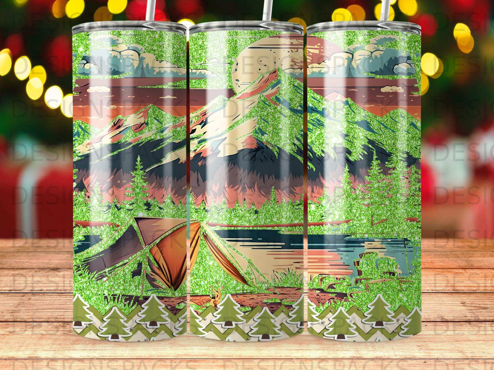 Woodland scene with mountains, lake, and tent, on a glitter tumbler.
