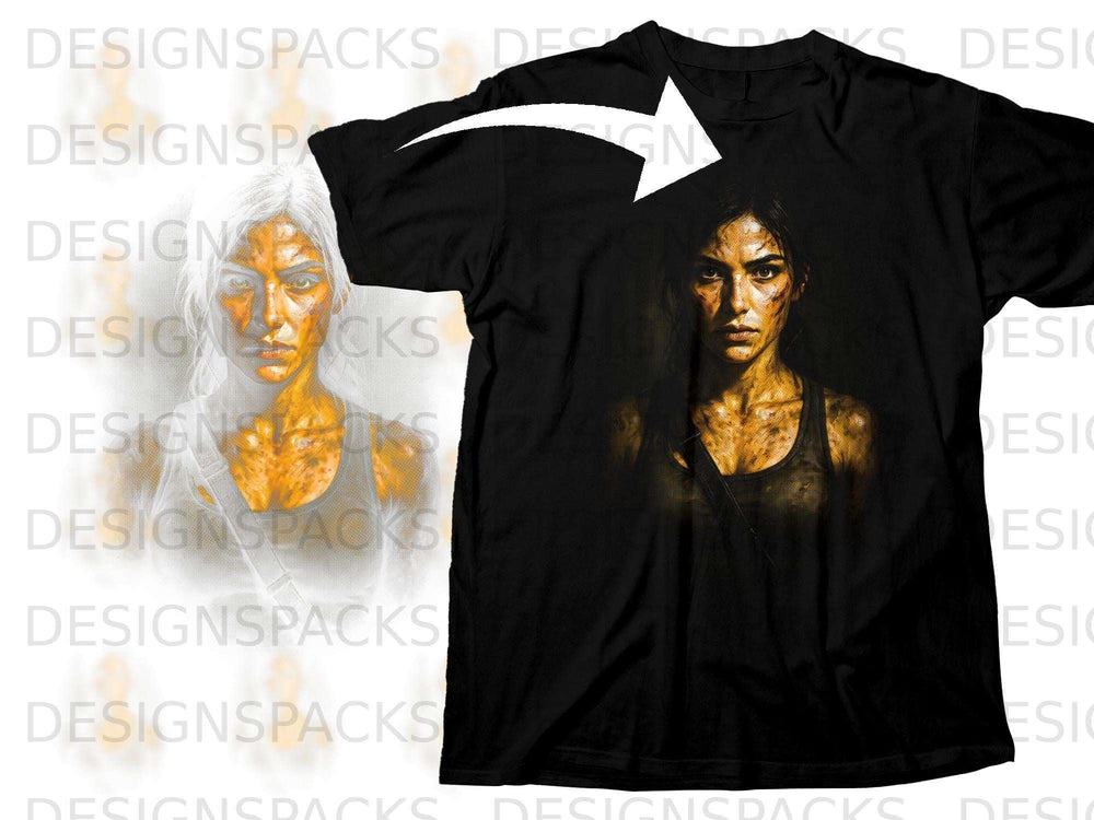 Black t-shirt mockup with a gritty graphic of a woman's face.