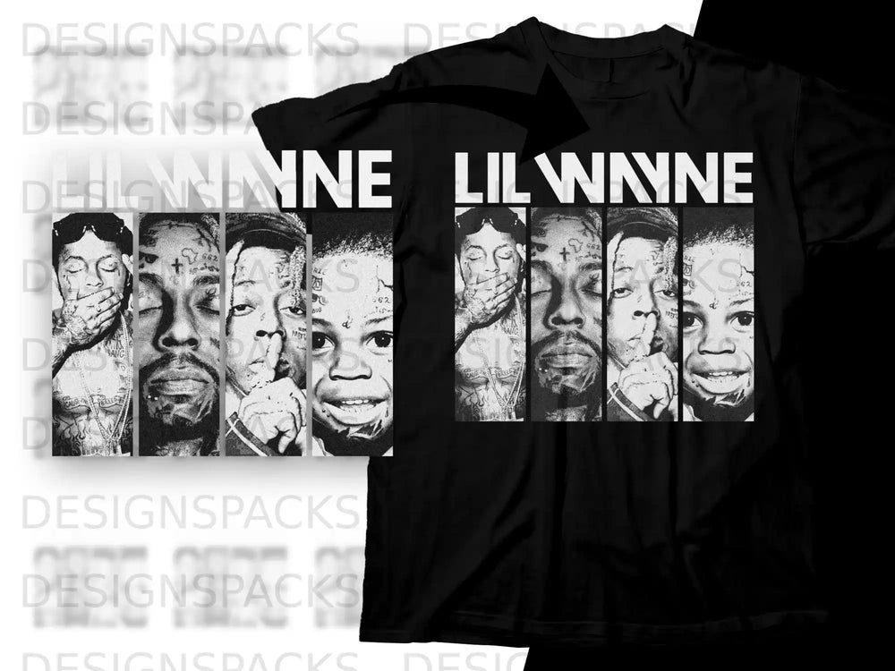 Lil Wayne collage on black t-shirt with "LIL WAYNE" text above portraits.