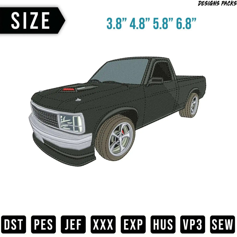 Embroidery design of a dark gray pickup truck in three sizes with file format options.