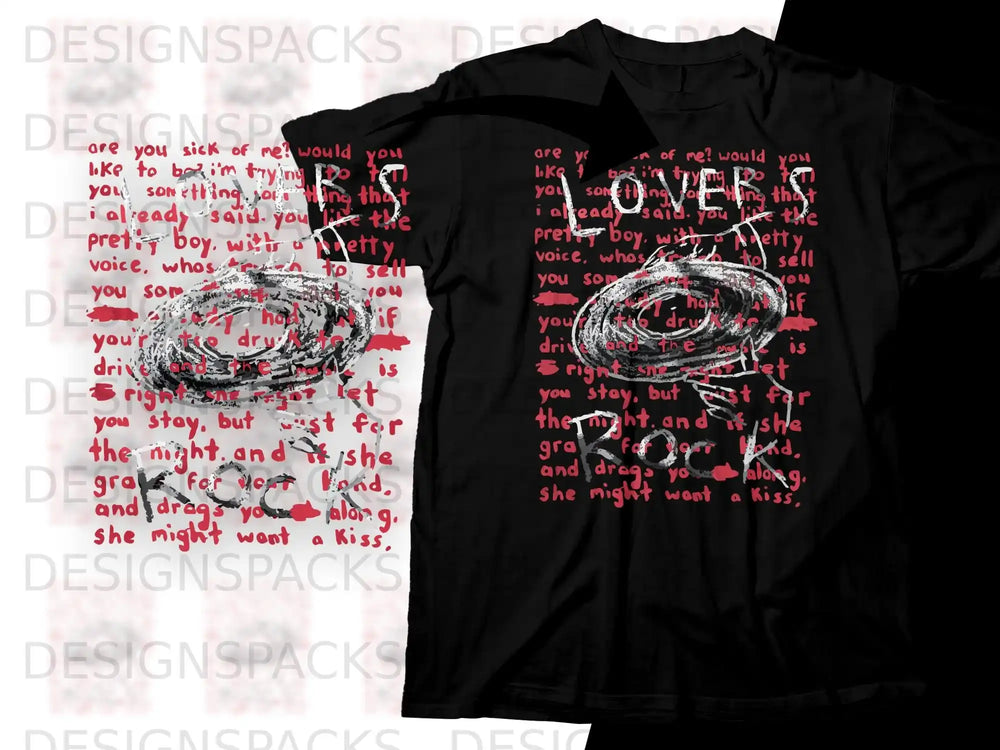 Black t-shirt with white text and graphics, featuring a lyrical design.