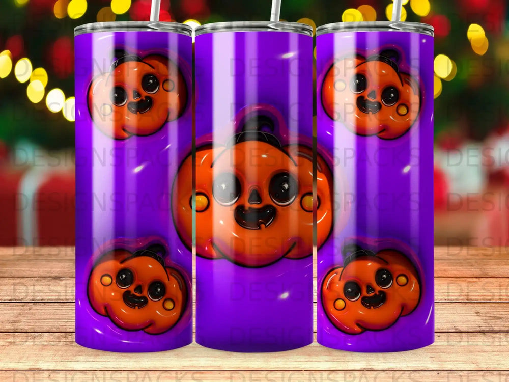 Three tumblers with orange pumpkin faces on a purple background.