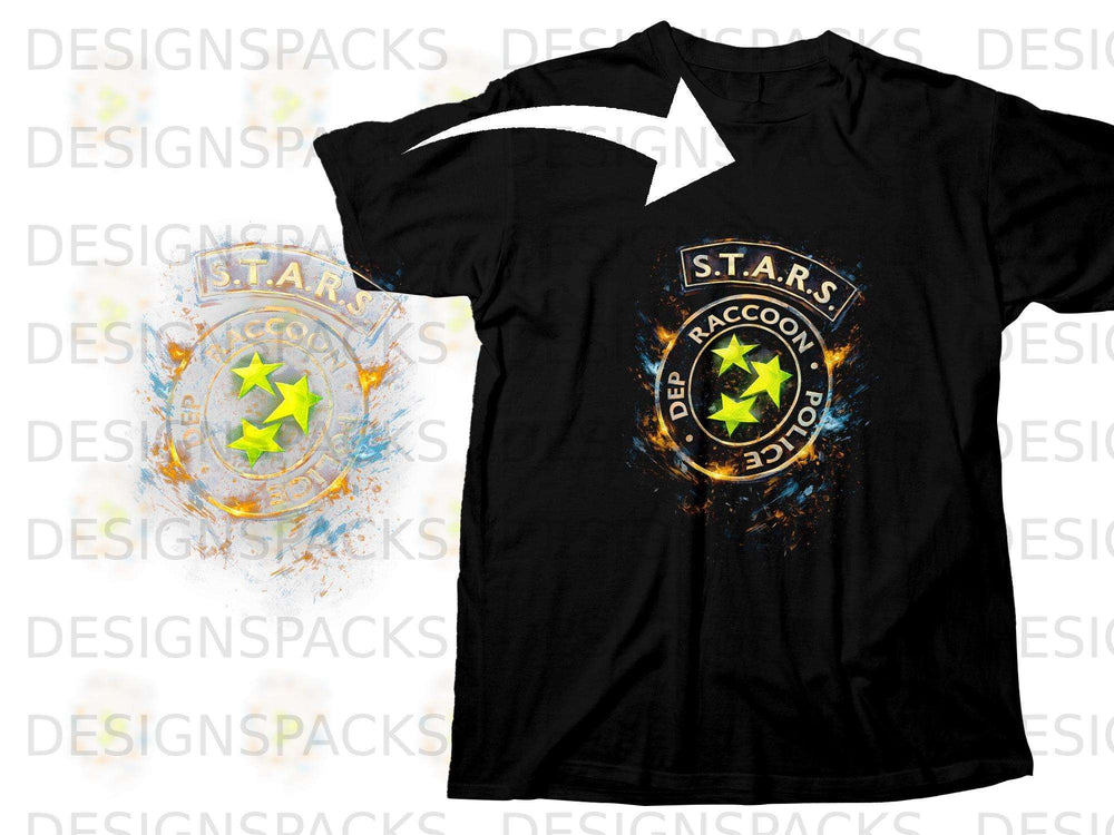 Black t-shirt with S.T.A.R.S. Raccoon Police Department logo featuring three neon green stars.