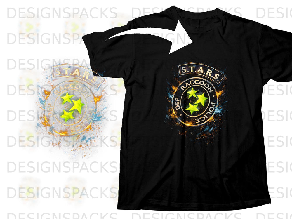 Black t-shirt with S.T.A.R.S. Raccoon Police Department logo featuring three neon green stars.