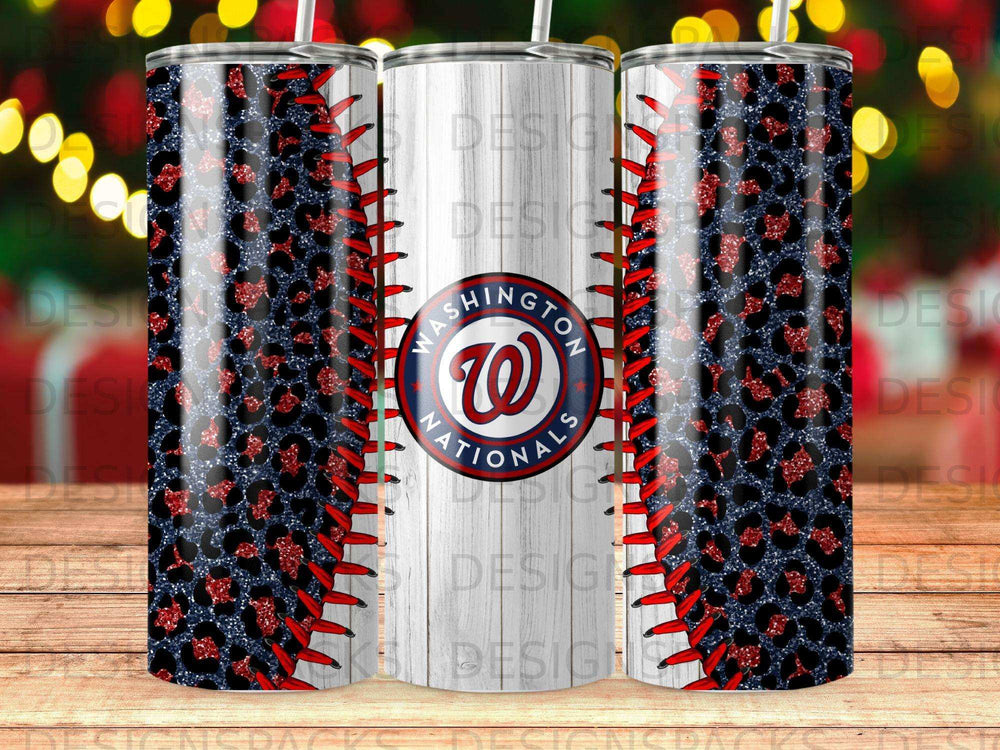Washington Nationals logo on a baseball-stitched tumbler with leopard print.