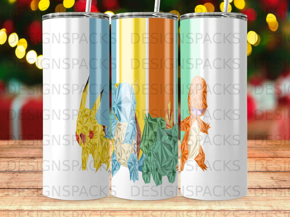 Geometric Pikachu, Charmander, and Squirtle designs on a tumbler.