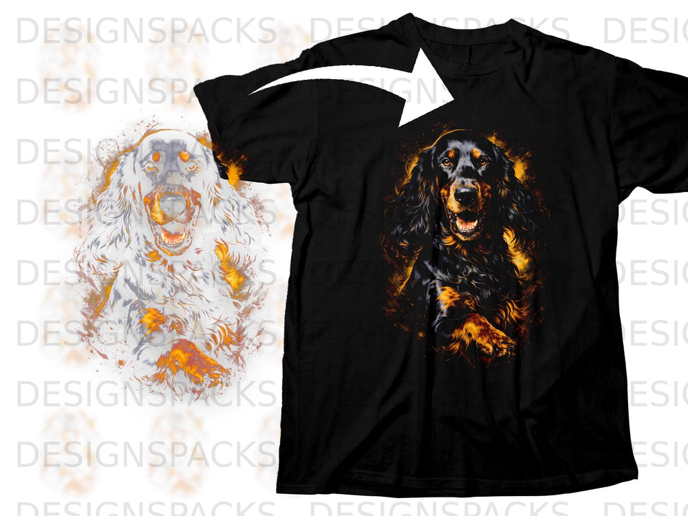 Black t-shirt featuring a watercolor-style print of a dark-haired dog.